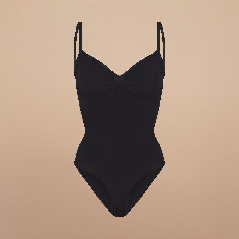 NovaShape Comfort Contour Bodysuit in zwart, vrijstaand productbeeld met geïntegreerde slip en strakke pasvorm.