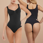 NovaShape Tank Sculpting Bodysuit String zwart, voor- en achteraanzicht op twee modellen met naadloze shaping en stringachterkant.