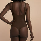 Achteraanzicht corrigerende sculpting bodysuit string bruin – shapewear rug en billen